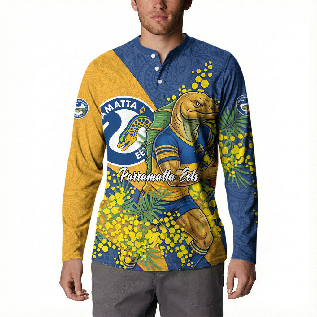Parramatta Eels Button Sweatshirt Golden Wattle Floral Polynesian - Australian Flower - Rugby Mascot