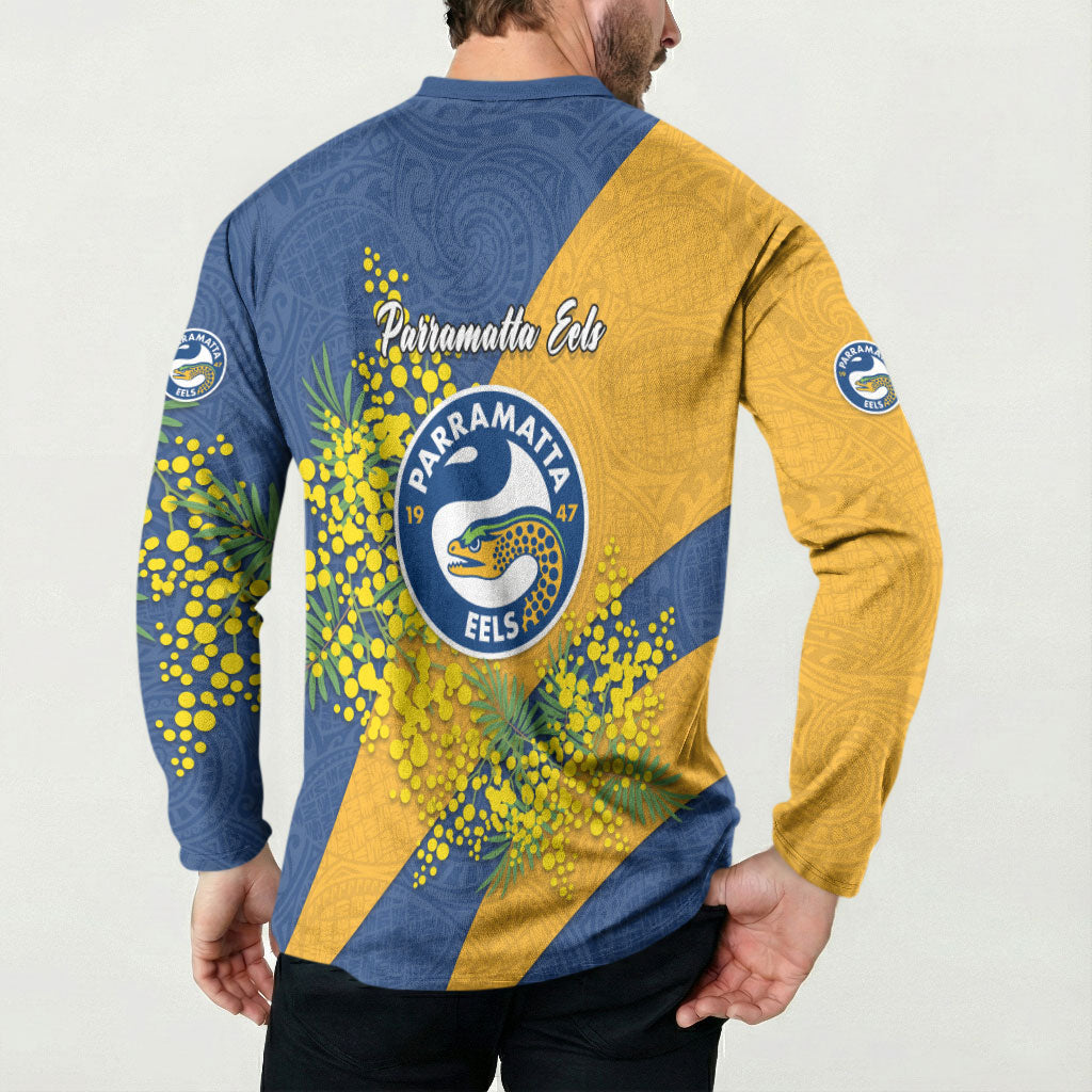 Parramatta Eels Button Sweatshirt Golden Wattle Floral Polynesian - Australian Flower - Rugby Mascot
