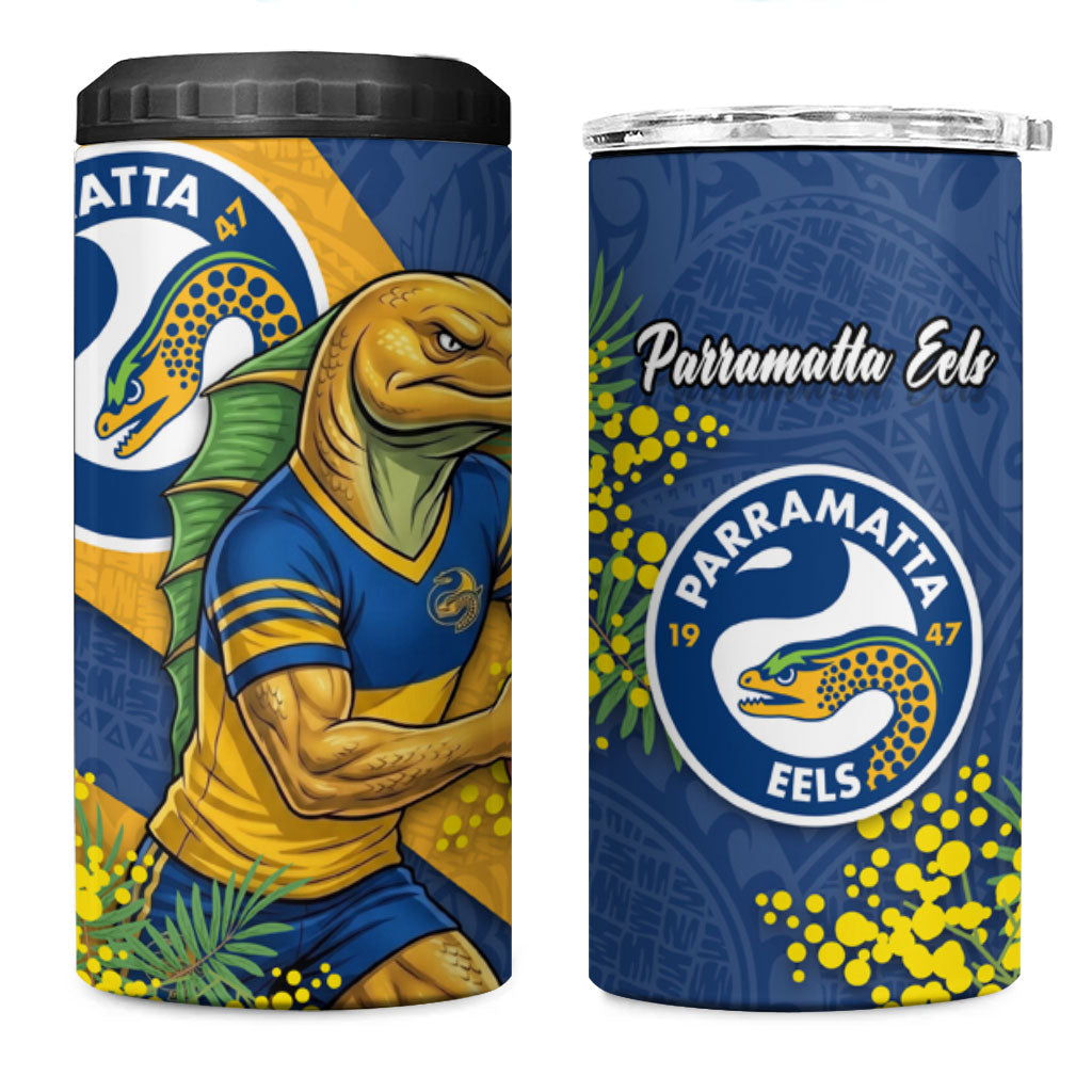 Parramatta Eels 4 in 1 Can Cooler Tumbler Golden Wattle Floral Polynesian - Australian Flower - Rugby Mascot