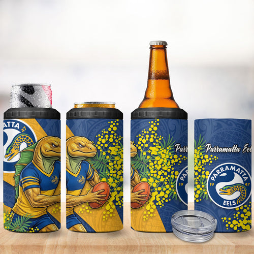 Parramatta Eels 4 in 1 Can Cooler Tumbler Golden Wattle Floral Polynesian - Australian Flower - Rugby Mascot