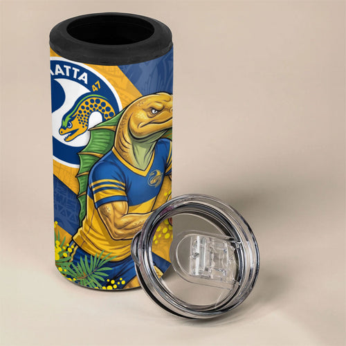 Parramatta Eels 4 in 1 Can Cooler Tumbler Golden Wattle Floral Polynesian - Australian Flower - Rugby Mascot