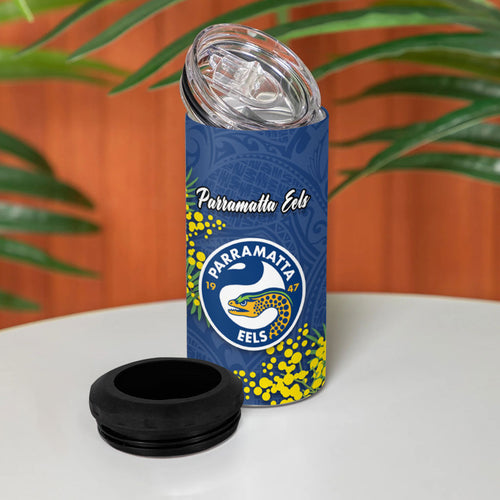 Parramatta Eels 4 in 1 Can Cooler Tumbler Golden Wattle Floral Polynesian - Australian Flower - Rugby Mascot