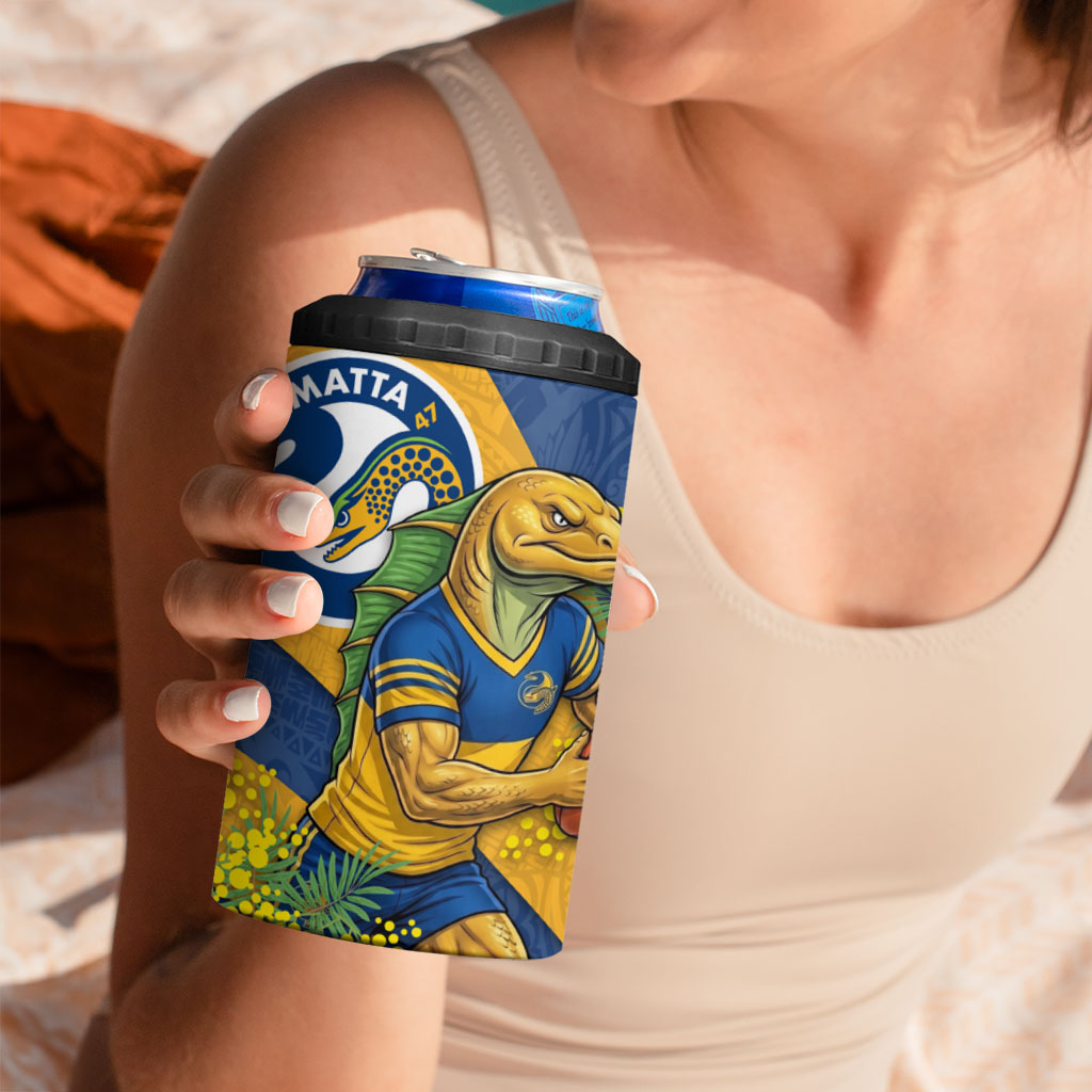 Parramatta Eels 4 in 1 Can Cooler Tumbler Golden Wattle Floral Polynesian - Australian Flower - Rugby Mascot