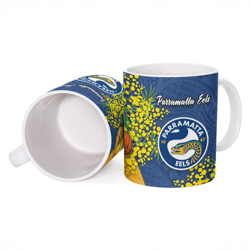 Parramatta Eels Ceramic Mug Golden Wattle Floral Polynesian - Australian Flower - Rugby Mascot