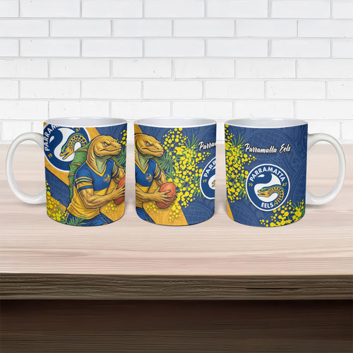 Parramatta Eels Ceramic Mug Golden Wattle Floral Polynesian - Australian Flower - Rugby Mascot