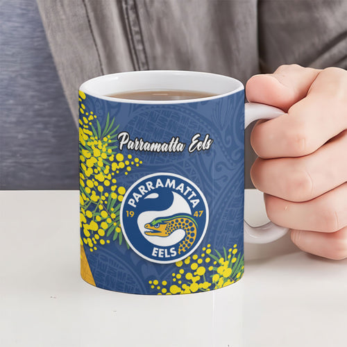 Parramatta Eels Ceramic Mug Golden Wattle Floral Polynesian - Australian Flower - Rugby Mascot