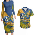 Parramatta Eels Couples Matching Long Sleeve Bodycon Dress and Hawaiian Shirt Golden Wattle Floral Polynesian - Australian Flower - Rugby Mascot