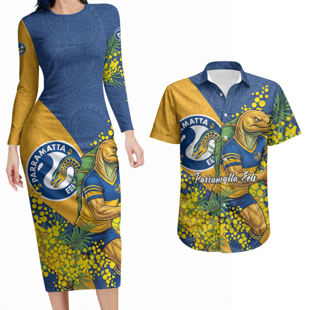 Parramatta Eels Couples Matching Long Sleeve Bodycon Dress and Hawaiian Shirt Golden Wattle Floral Polynesian - Australian Flower - Rugby Mascot
