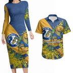 Parramatta Eels Couples Matching Long Sleeve Bodycon Dress and Hawaiian Shirt Golden Wattle Floral Polynesian - Australian Flower - Rugby Mascot