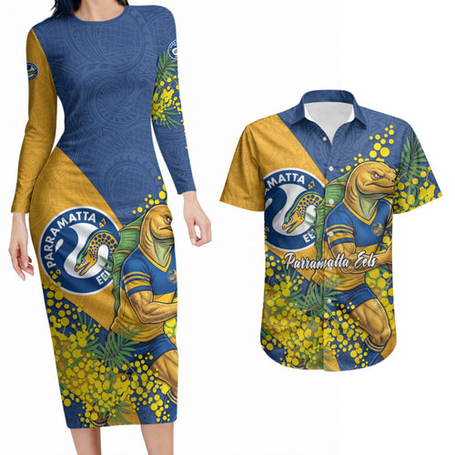 Parramatta Eels Couples Matching Long Sleeve Bodycon Dress and Hawaiian Shirt Golden Wattle Floral Polynesian - Australian Flower - Rugby Mascot