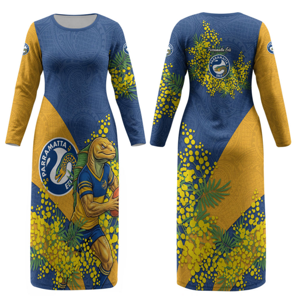 Parramatta Eels Couples Matching Long Sleeve Bodycon Dress and Hawaiian Shirt Golden Wattle Floral Polynesian - Australian Flower - Rugby Mascot