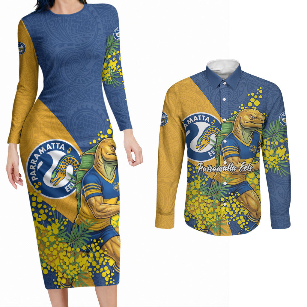 Parramatta Eels Couples Matching Long Sleeve Bodycon Dress and Long Sleeve Button Shirt Golden Wattle Floral Polynesian - Australian Flower - Rugby Mascot