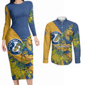 Parramatta Eels Couples Matching Long Sleeve Bodycon Dress and Long Sleeve Button Shirt Golden Wattle Floral Polynesian - Australian Flower - Rugby Mascot