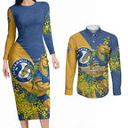 Parramatta Eels Couples Matching Long Sleeve Bodycon Dress and Long Sleeve Button Shirt Golden Wattle Floral Polynesian - Australian Flower - Rugby Mascot