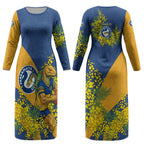 Parramatta Eels Couples Matching Long Sleeve Bodycon Dress and Long Sleeve Button Shirt Golden Wattle Floral Polynesian - Australian Flower - Rugby Mascot