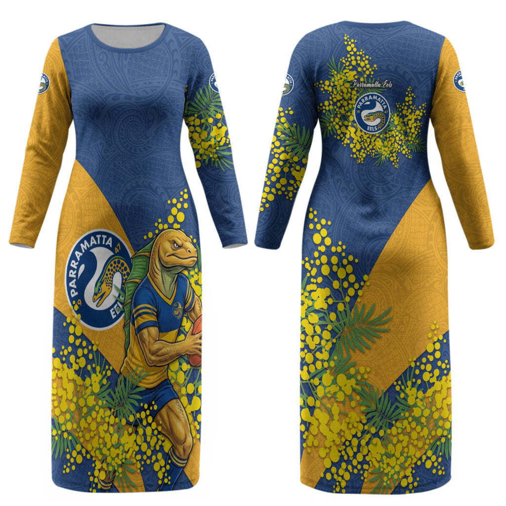 Parramatta Eels Couples Matching Long Sleeve Bodycon Dress and Long Sleeve Button Shirt Golden Wattle Floral Polynesian - Australian Flower - Rugby Mascot