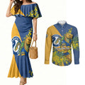 Parramatta Eels Couples Matching Mermaid Dress and Long Sleeve Button Shirt Golden Wattle Floral Polynesian - Australian Flower - Rugby Mascot