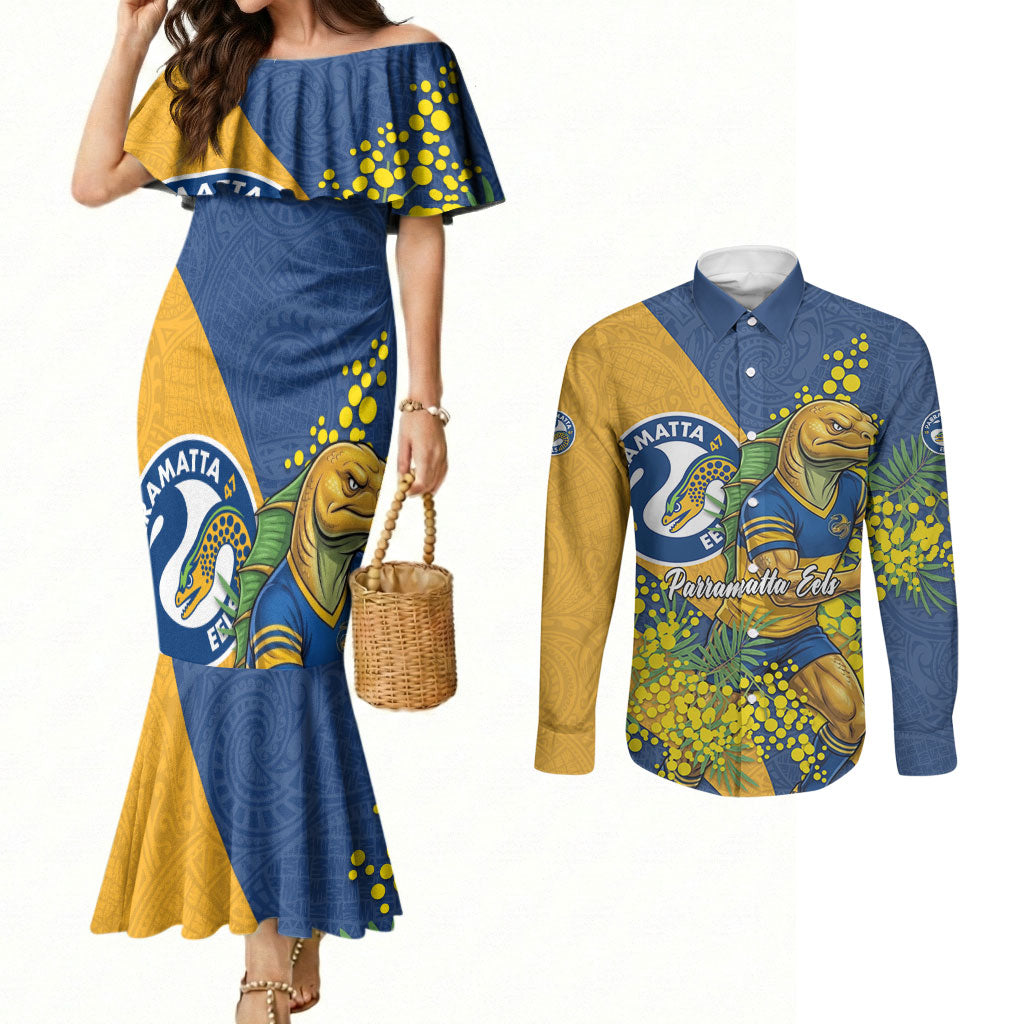 Parramatta Eels Couples Matching Mermaid Dress and Long Sleeve Button Shirt Golden Wattle Floral Polynesian - Australian Flower - Rugby Mascot