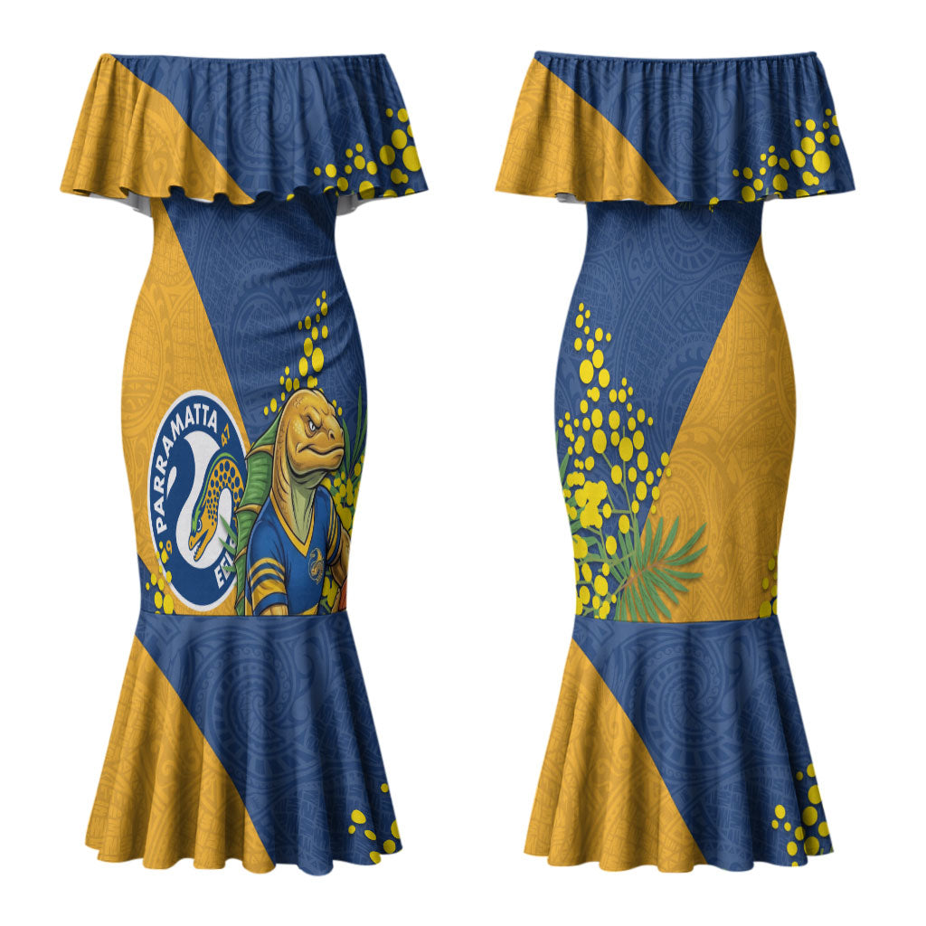 Parramatta Eels Couples Matching Mermaid Dress and Long Sleeve Button Shirt Golden Wattle Floral Polynesian - Australian Flower - Rugby Mascot