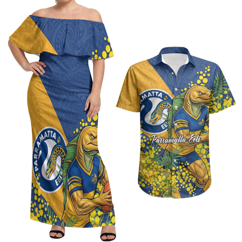 Parramatta Eels Couples Matching Off Shoulder Maxi Dress and Hawaiian Shirt Golden Wattle Floral Polynesian - Australian Flower - Rugby Mascot