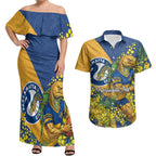 Parramatta Eels Couples Matching Off Shoulder Maxi Dress and Hawaiian Shirt Golden Wattle Floral Polynesian - Australian Flower - Rugby Mascot