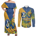 Parramatta Eels Couples Matching Off Shoulder Maxi Dress and Long Sleeve Button Shirt Golden Wattle Floral Polynesian - Australian Flower - Rugby Mascot