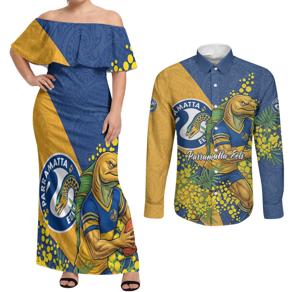 Parramatta Eels Couples Matching Off Shoulder Maxi Dress and Long Sleeve Button Shirt Golden Wattle Floral Polynesian - Australian Flower - Rugby Mascot