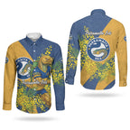 Parramatta Eels Couples Matching Off Shoulder Maxi Dress and Long Sleeve Button Shirt Golden Wattle Floral Polynesian - Australian Flower - Rugby Mascot