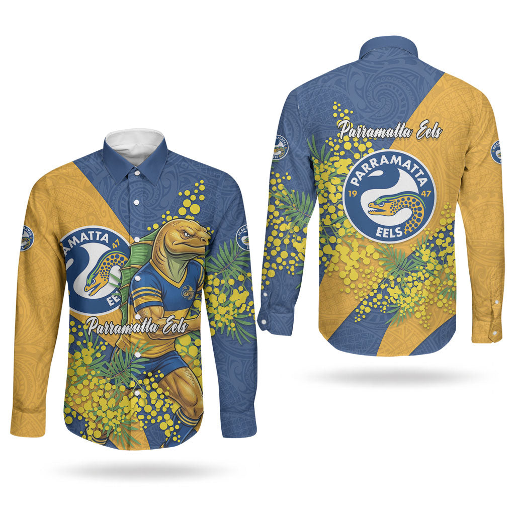 Parramatta Eels Couples Matching Off Shoulder Maxi Dress and Long Sleeve Button Shirt Golden Wattle Floral Polynesian - Australian Flower - Rugby Mascot