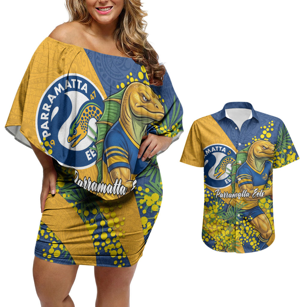 Parramatta Eels Couples Matching Off Shoulder Short Dress and Hawaiian Shirt Golden Wattle Floral Polynesian - Australian Flower - Rugby Mascot