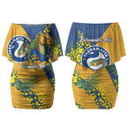 Parramatta Eels Couples Matching Off Shoulder Short Dress and Hawaiian Shirt Golden Wattle Floral Polynesian - Australian Flower - Rugby Mascot