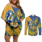 Parramatta Eels Couples Matching Off Shoulder Short Dress and Long Sleeve Button Shirt Golden Wattle Floral Polynesian - Australian Flower - Rugby Mascot