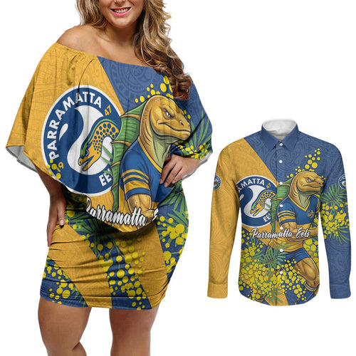 Parramatta Eels Couples Matching Off Shoulder Short Dress and Long Sleeve Button Shirt Golden Wattle Floral Polynesian - Australian Flower - Rugby Mascot