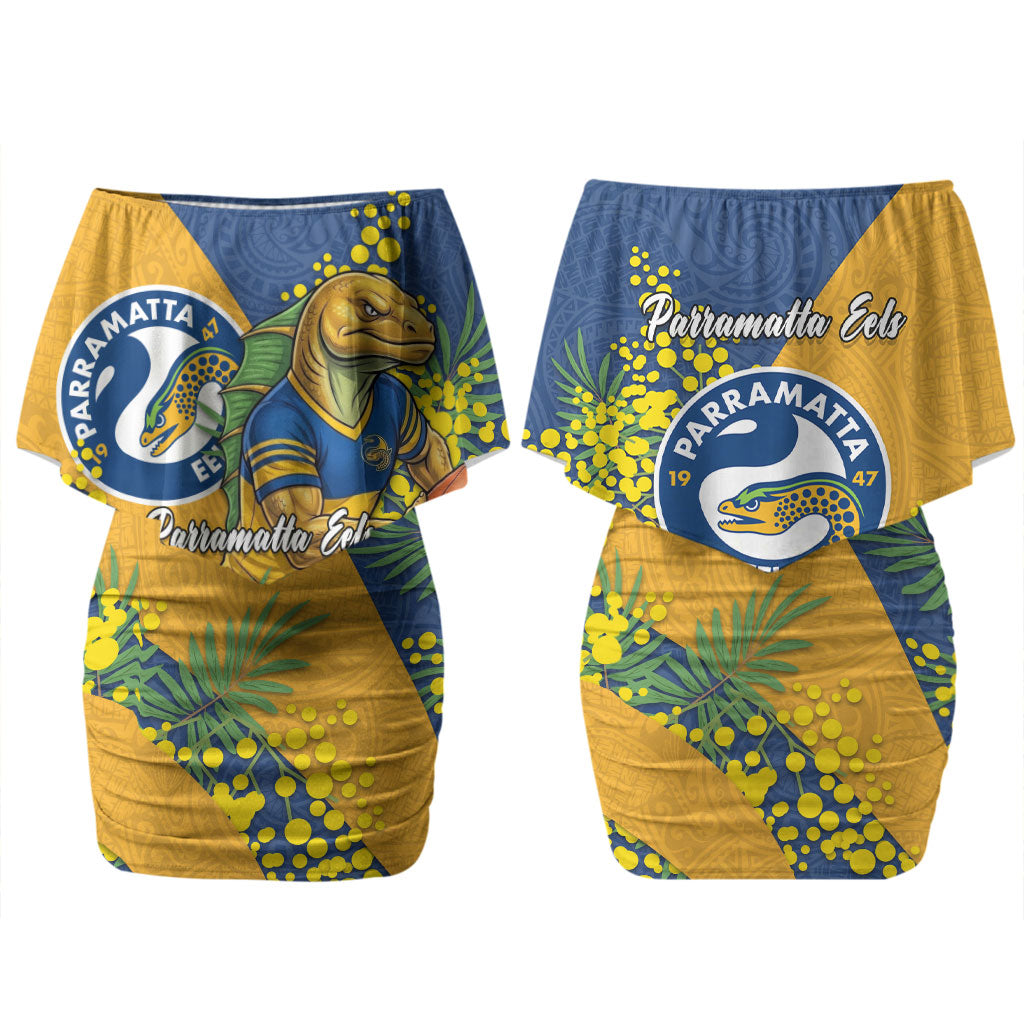 Parramatta Eels Couples Matching Off Shoulder Short Dress and Long Sleeve Button Shirt Golden Wattle Floral Polynesian - Australian Flower - Rugby Mascot