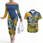 Parramatta Eels Couples Matching Off The Shoulder Long Sleeve Dress and Hawaiian Shirt Golden Wattle Floral Polynesian - Australian Flower - Rugby Mascot