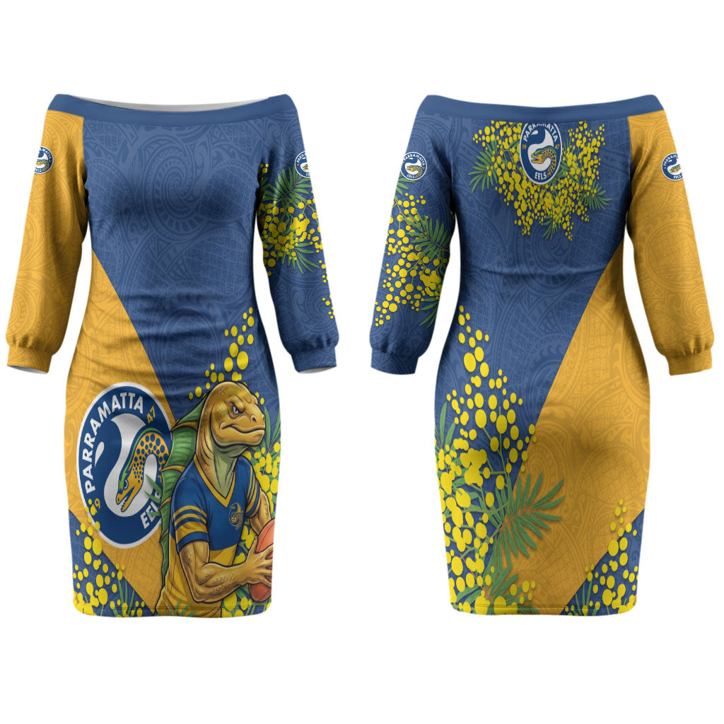 Parramatta Eels Couples Matching Off The Shoulder Long Sleeve Dress and Hawaiian Shirt Golden Wattle Floral Polynesian - Australian Flower - Rugby Mascot