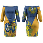 Parramatta Eels Couples Matching Off The Shoulder Long Sleeve Dress and Hawaiian Shirt Golden Wattle Floral Polynesian - Australian Flower - Rugby Mascot