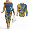 Parramatta Eels Couples Matching Off The Shoulder Long Sleeve Dress and Long Sleeve Button Shirt Golden Wattle Floral Polynesian - Australian Flower - Rugby Mascot