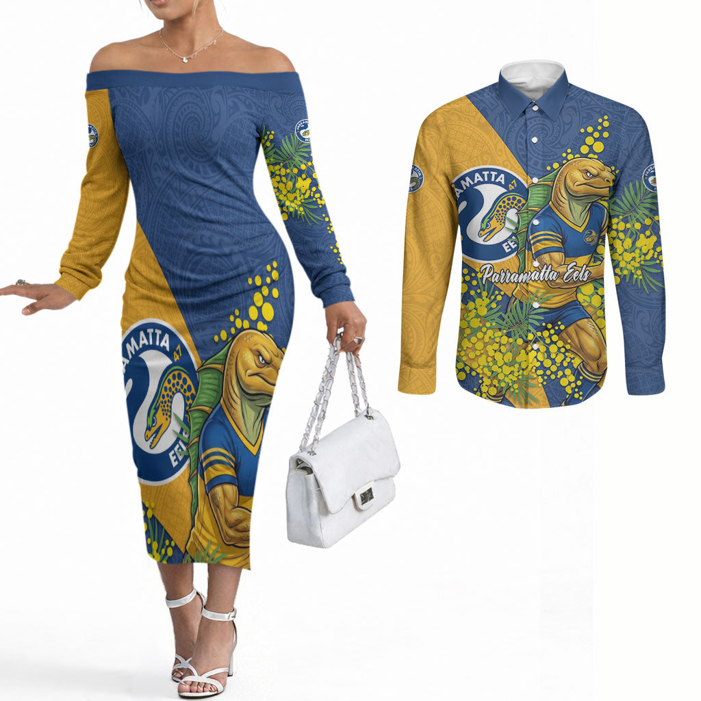 Parramatta Eels Couples Matching Off The Shoulder Long Sleeve Dress and Long Sleeve Button Shirt Golden Wattle Floral Polynesian - Australian Flower - Rugby Mascot