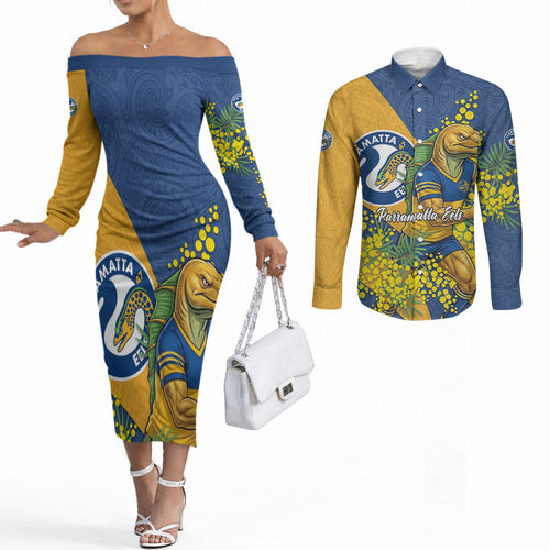 Parramatta Eels Couples Matching Off The Shoulder Long Sleeve Dress and Long Sleeve Button Shirt Golden Wattle Floral Polynesian - Australian Flower - Rugby Mascot