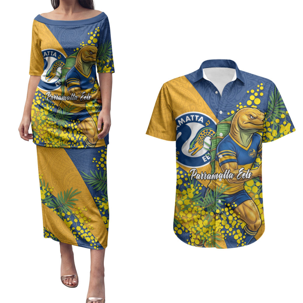 Parramatta Eels Couples Matching Puletasi and Hawaiian Shirt Golden Wattle Floral Polynesian - Australian Flower - Rugby Mascot
