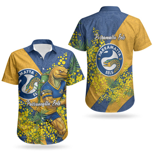 Parramatta Eels Couples Matching Puletasi and Hawaiian Shirt Golden Wattle Floral Polynesian - Australian Flower - Rugby Mascot