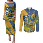 Parramatta Eels Couples Matching Puletasi and Long Sleeve Button Shirt Golden Wattle Floral Polynesian - Australian Flower - Rugby Mascot