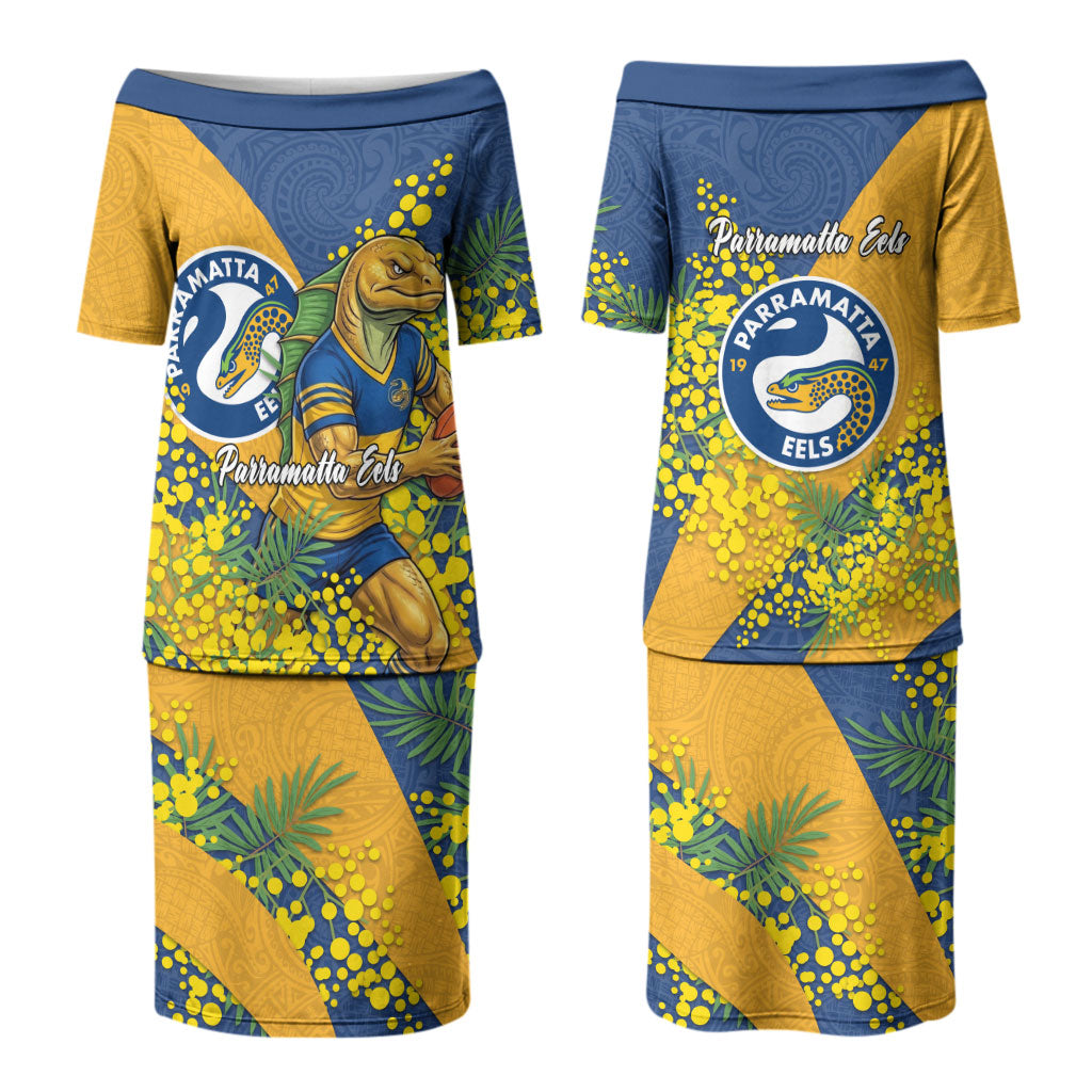 Parramatta Eels Couples Matching Puletasi and Long Sleeve Button Shirt Golden Wattle Floral Polynesian - Australian Flower - Rugby Mascot
