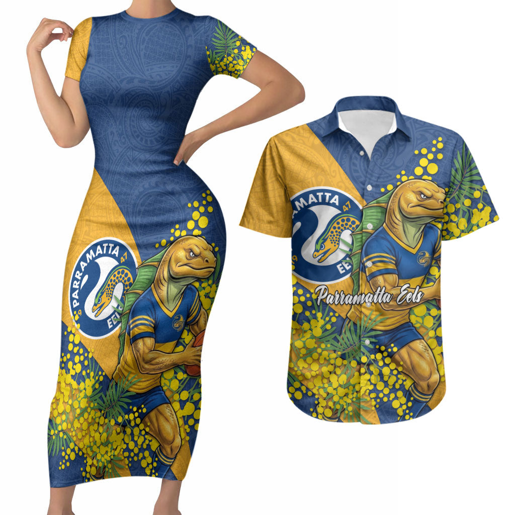 Parramatta Eels Couples Matching Short Sleeve Bodycon Dress and Hawaiian Shirt Golden Wattle Floral Polynesian - Australian Flower - Rugby Mascot