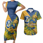 Parramatta Eels Couples Matching Short Sleeve Bodycon Dress and Hawaiian Shirt Golden Wattle Floral Polynesian - Australian Flower - Rugby Mascot