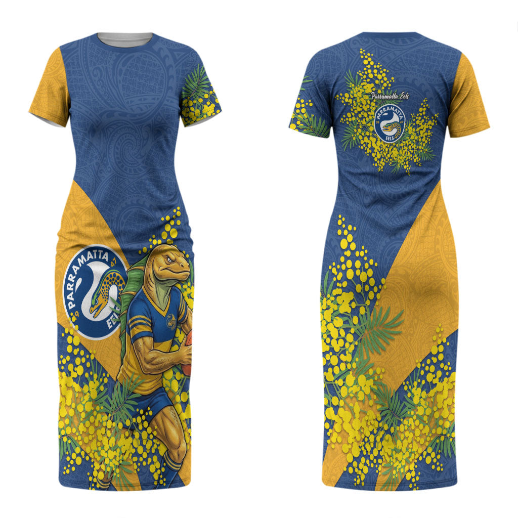 Parramatta Eels Couples Matching Short Sleeve Bodycon Dress and Hawaiian Shirt Golden Wattle Floral Polynesian - Australian Flower - Rugby Mascot