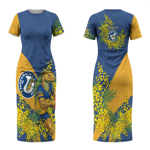 Parramatta Eels Couples Matching Short Sleeve Bodycon Dress and Hawaiian Shirt Golden Wattle Floral Polynesian - Australian Flower - Rugby Mascot
