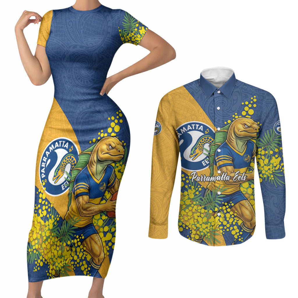 Parramatta Eels Couples Matching Short Sleeve Bodycon Dress and Long Sleeve Button Shirt Golden Wattle Floral Polynesian - Australian Flower - Rugby Mascot