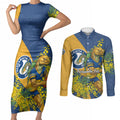 Parramatta Eels Couples Matching Short Sleeve Bodycon Dress and Long Sleeve Button Shirt Golden Wattle Floral Polynesian - Australian Flower - Rugby Mascot